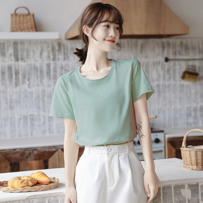豆绿色短袖t恤女夏季宽松2024新款纯色纯棉白色上衣打底衫ins体恤