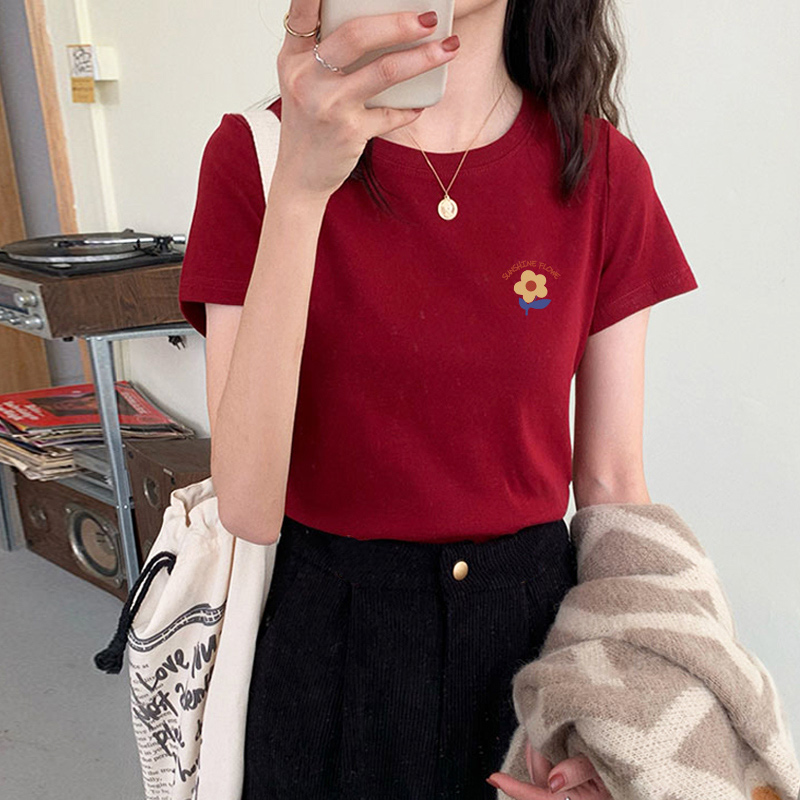 红色小花短袖新款t恤女2023新款夏季圆领显白打底纯棉宽松上衣ins