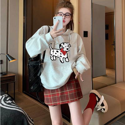 灰色连帽小狗卫衣女2024新款秋冬宽松休闲内搭套头加绒加厚上衣潮