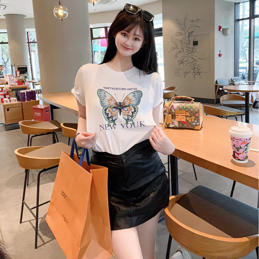 新中式短袖t恤女2024新款国风体恤蝴蝶印花打底白色上衣夏季