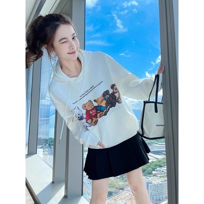 秋装白色连帽卫衣女早秋2024新款秋季小个子加绒加厚上衣女装