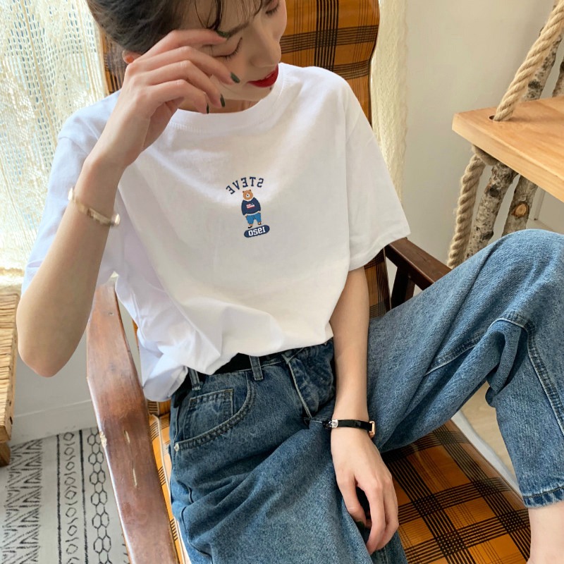 小熊简约白色t恤女纯棉短袖2023夏季新款百搭韩版上衣ins潮