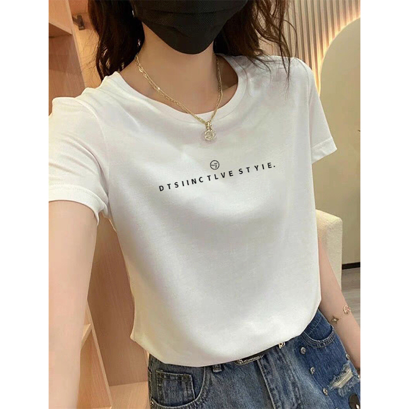 白色正肩短袖t恤女减龄纯棉2024新款夏季圆领上衣印花百搭休闲ins