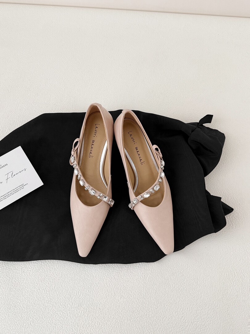 Nude pointed-toe flats with rhinestone strap detail on black fabric