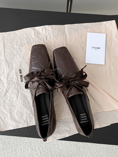 Brown leather ribbon-tie loafers laid flat with a Celine Paris card