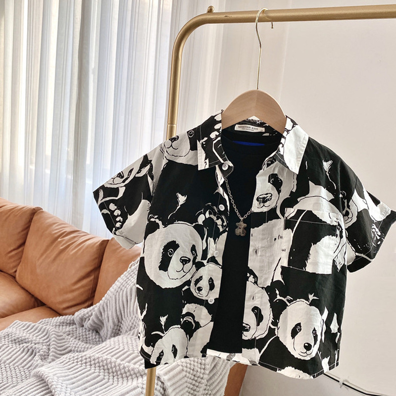 儿童短袖纯棉衬衫夏装2025男女童装卡通印花衬衫宝宝韩版熊猫衬衣