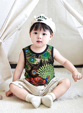 儿童孔雀印花无袖背心2026新款男宝宝冰感网纱背心男童洋气上衣