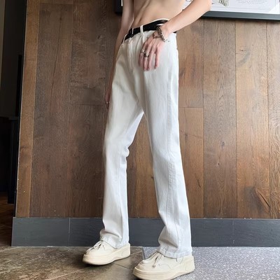 春秋白色微喇牛仔裤男潮牌修身直筒裤子美式高街vibe痞帅休闲长裤
