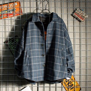 国潮复古chic韩风外套毛呢格子夹克男潮流宽松秋季外套学生港风.