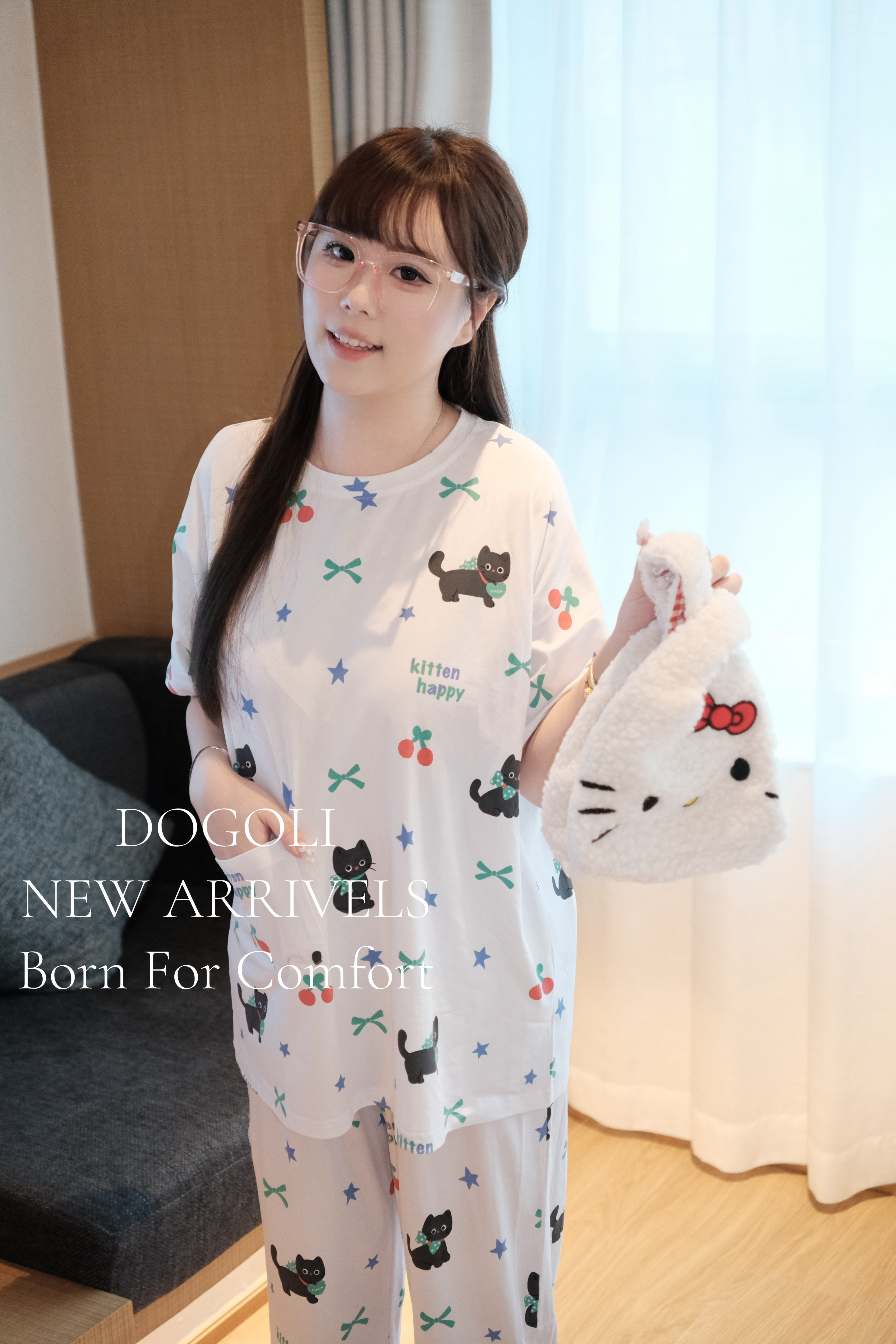ins风韩版女士纯棉短袖夏天短袖睡裙卡通彩色图案女士家居服