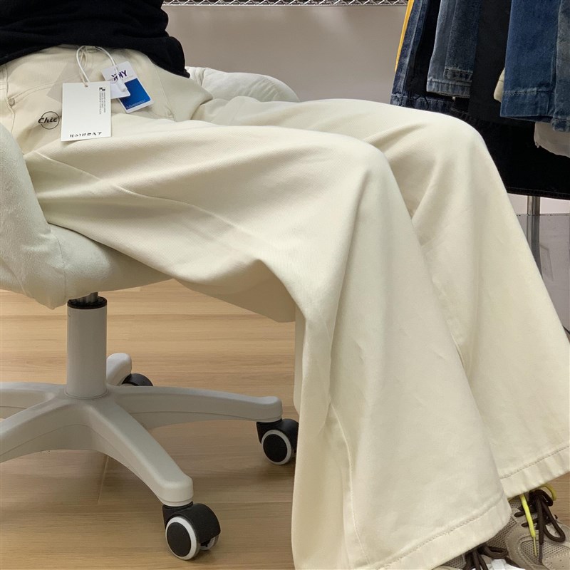 适用浅杏色阔腿牛仔裤女秋冬新A款设计感高腰宽松显瘦百搭垂感拖