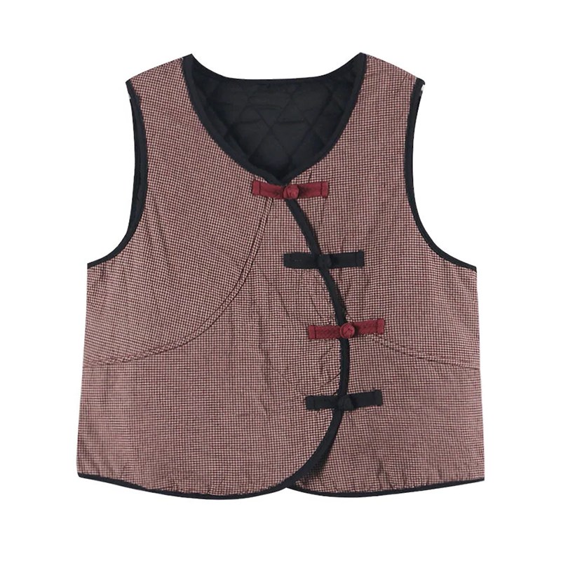 适用民族风格子棉麻马甲外u套女秋冬夹棉背心保暖百搭外穿盘扣打