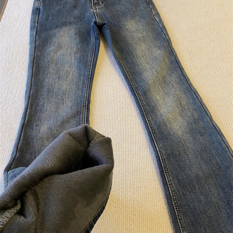 适用设计感水泥灰加绒保暖微喇叭牛仔裤女秋季新款高腰Z弹力显瘦