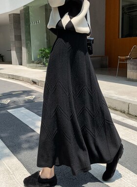 适用法国Rixo Rane美到醉y心黑色针织半身裙螺纹加厚大摆裙高腰