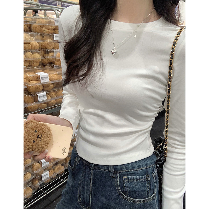 适用白色圆领长袖t恤女早春x新款设计感褶皱收腰显瘦内搭打底小衫