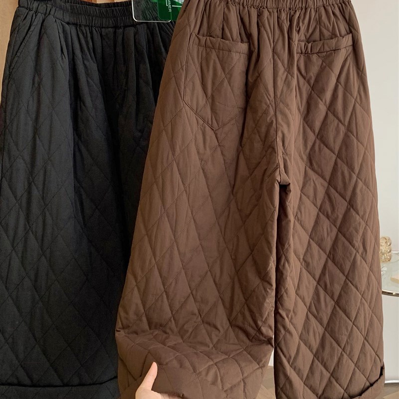 适用2025年冬季休闲百搭简约风翻边G松紧腰夹棉菱形格棉裤女阔腿
