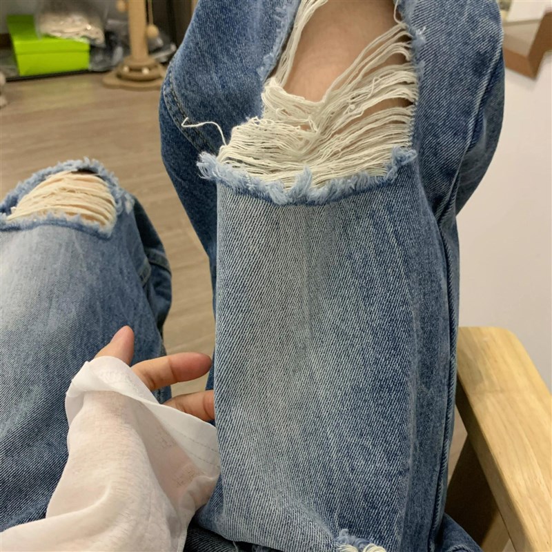 适用复古蓝破洞宽松直筒牛仔裤女夏季新款美N式水洗高腰显瘦拖地