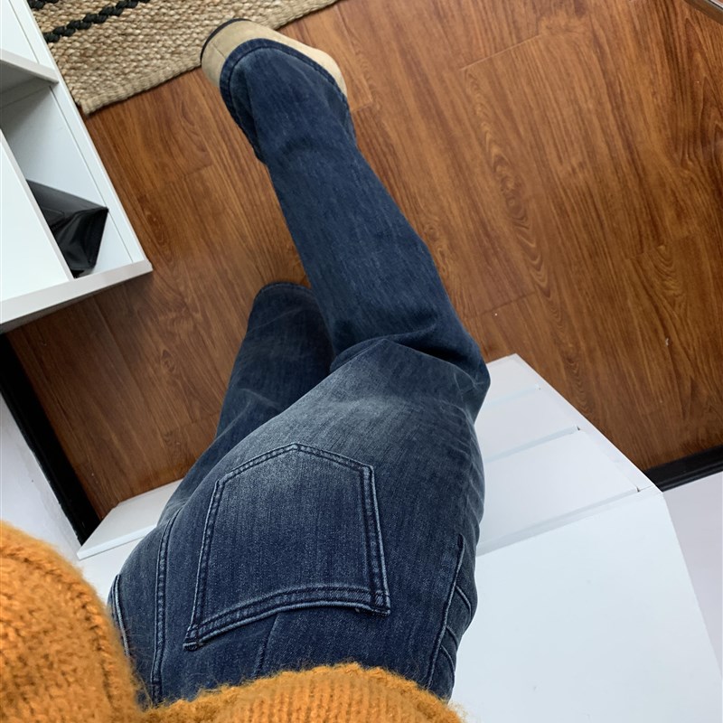 适用覆古蓝加绒加厚微q喇叭牛仔裤女秋冬新款设计感高腰宽松显瘦