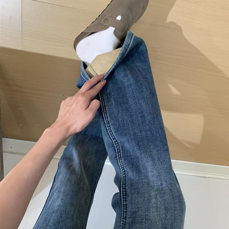 适用覆古蓝高g腰微喇牛仔裤女秋冬加绒加厚胖妹妹mm弹力显瘦喇叭