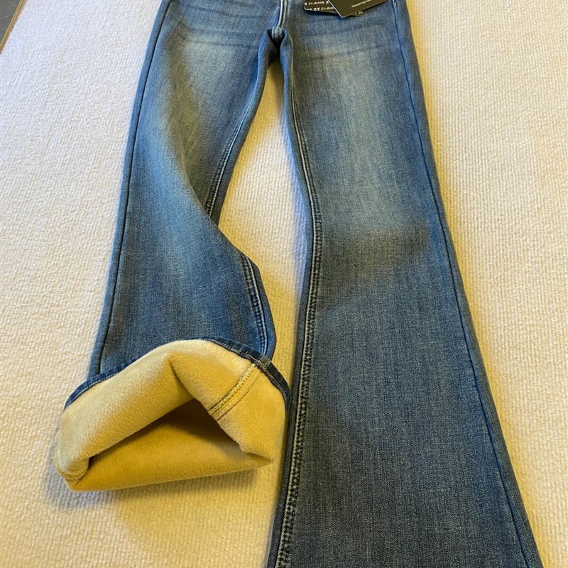 适用覆古蓝高腰微喇牛仔裤女冬季加D绒加厚胖妹妹mm弹力修身显瘦