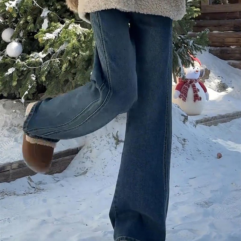 适用覆古蓝阔腿牛仔裤女秋冬加绒胖妹妹mm高腰梨形V身材显瘦遮胯