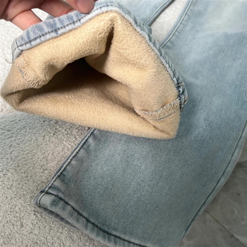 适用浅色加绒微喇叭牛仔裤女x秋冬新款美式水洗高腰弹力修身显瘦