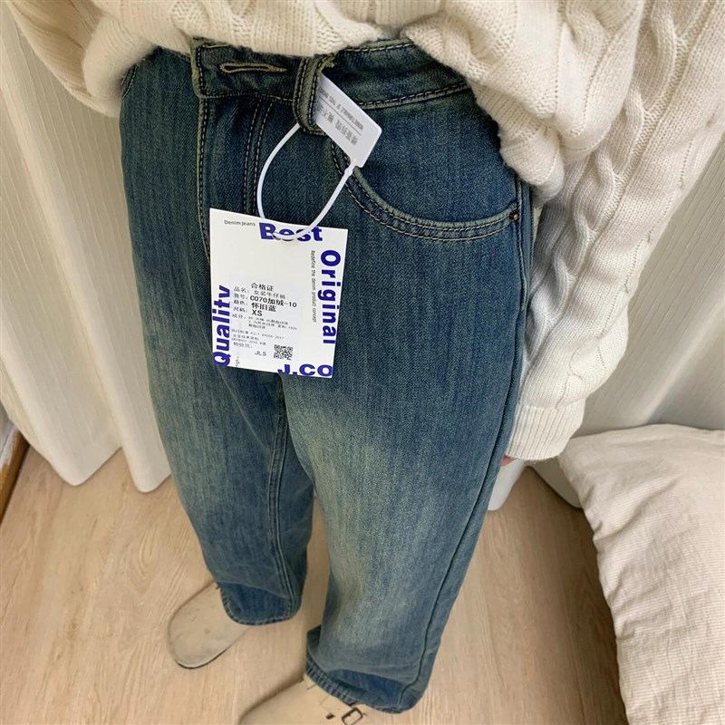 适用美式复古宽松直筒o加绒牛仔裤女秋冬新款怀旧蓝高腰显瘦窄版