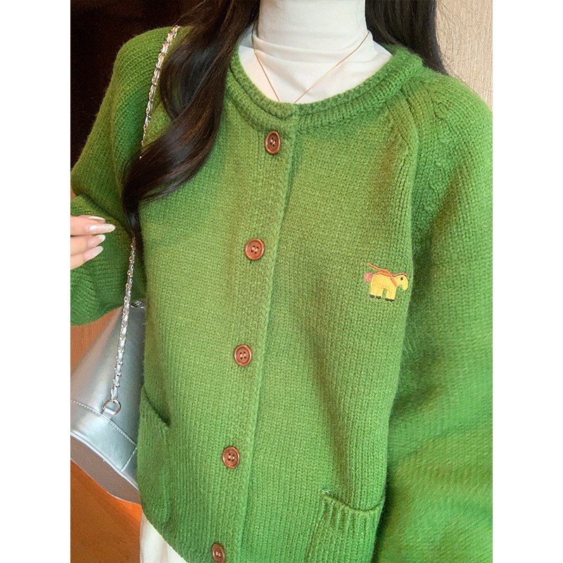 适用日系复古绿色针织开衫毛衣外套女春秋M新款慵懒宽松风软糯秋