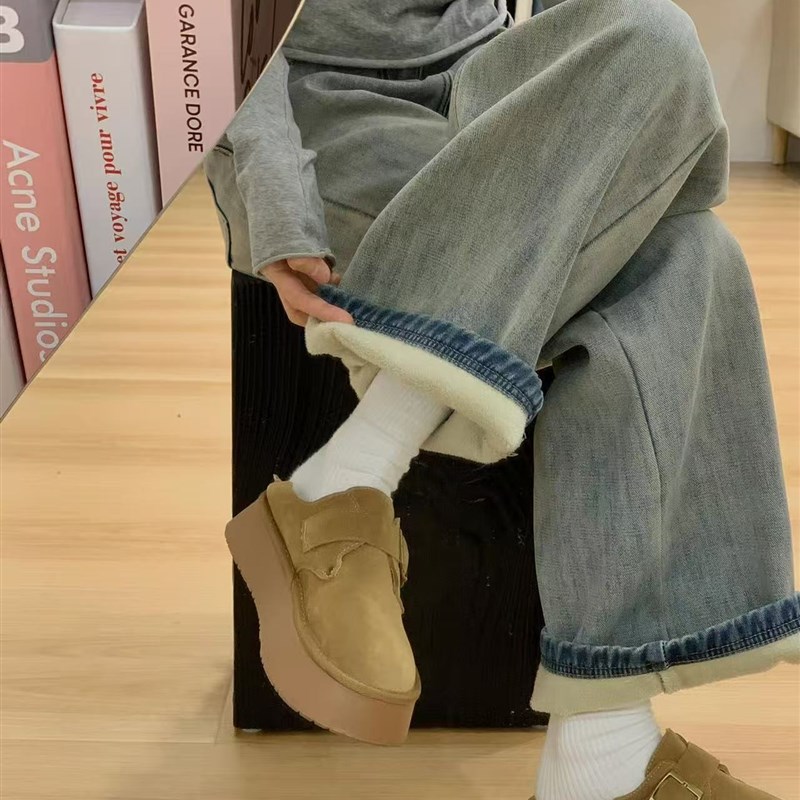 适用美式覆d古窄版阔腿牛仔裤女加绒加厚冬胖妹妹mm高腰显瘦直筒