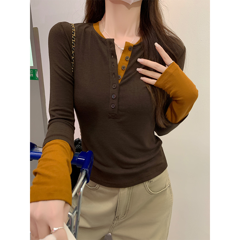 适用假两件设计感拼接撞色长袖T恤女秋I纯欲纽扣半开领打底衫修身