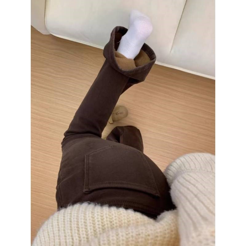适用加绒a加厚美式咖啡色微喇牛仔裤女冬季胖妹妹mm高腰遮胯弹力