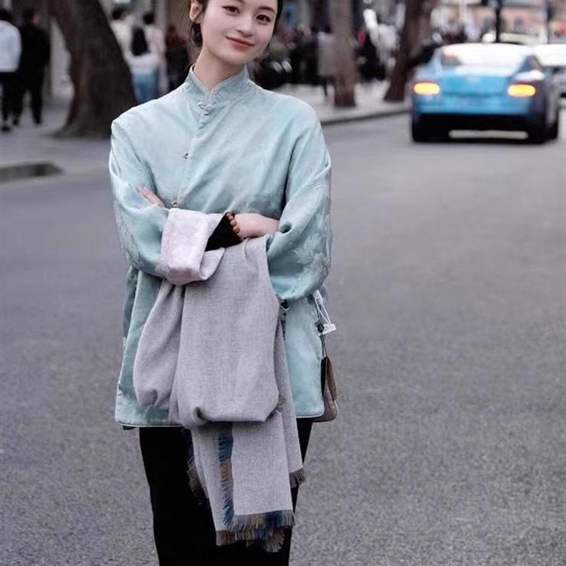 适用2024早秋新款宋锦新中式国风立领盘K扣上衣蓝色双面穿外套女