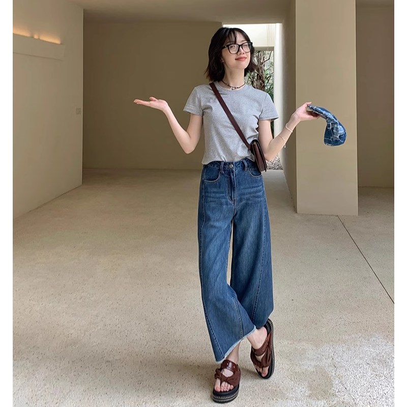 适用大码女装八字侧缝直筒牛仔裤A胖妹妹mm梨形身材宽松显瘦九分