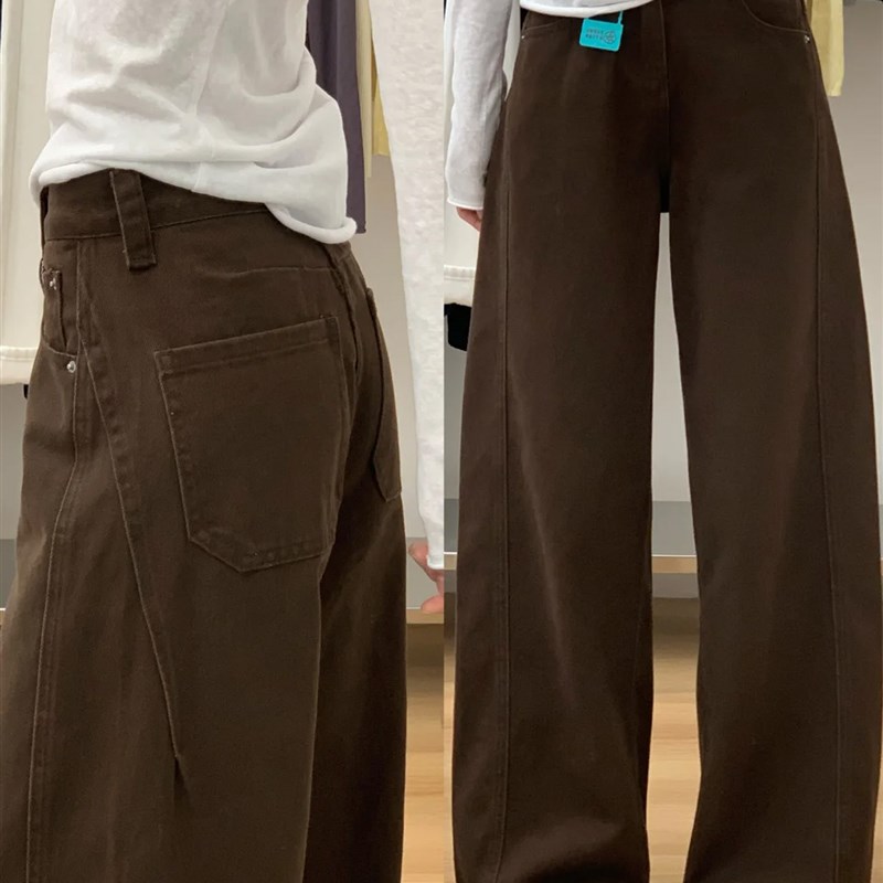 适用棕色裤子女秋季新款弯刀牛z仔裤宽松胖妹妹mm美拉德咖色显瘦