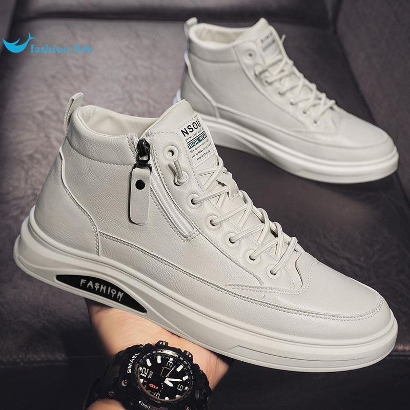 适用男鞋秋e季2024新款百搭中帮休闲板鞋男士高帮运动小白皮鞋防