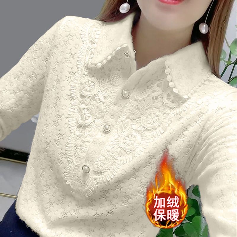 适用蕾丝娃娃领衬l衫女加绒加厚磨毛白色长袖春季气质内搭洋气打