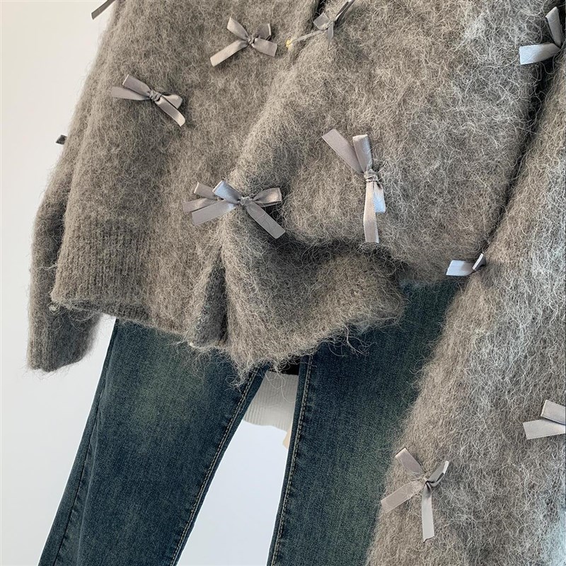 适用法国Rixo Rmane 灰色蝴蝶结马海毛毛衣女秋冬新款慵懒针织