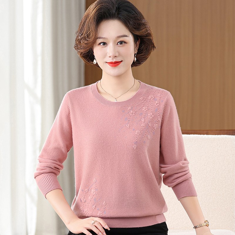 适用时尚b妈妈提花羊绒衫毛衣女秋冬圆领上衣短款中年女士针织打