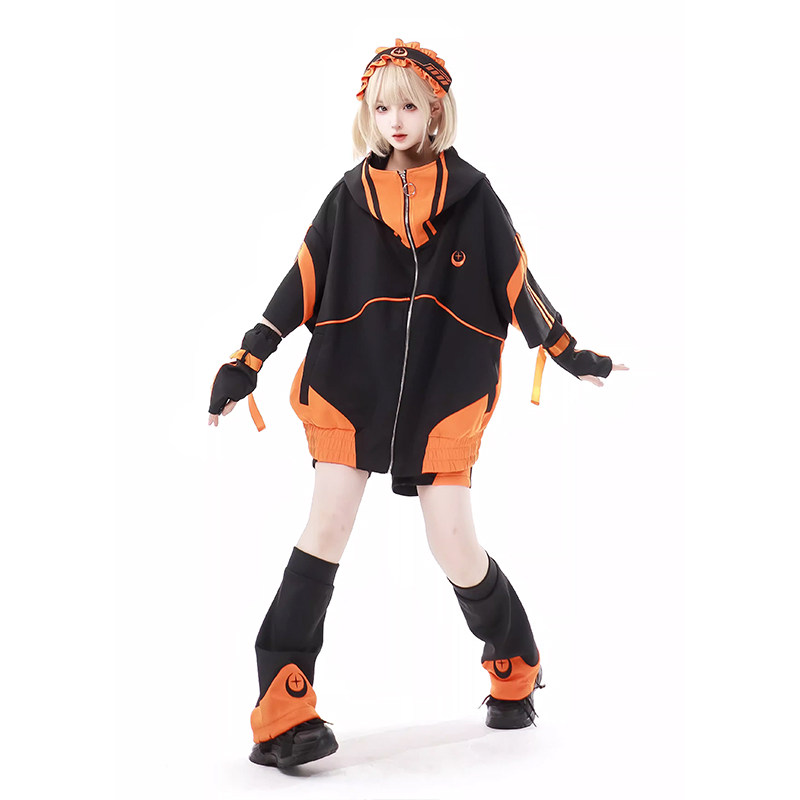 thumbnail for Wear the orange-black subculture over a slim-fit, short-sleeved mass-produced sportssuit jacket