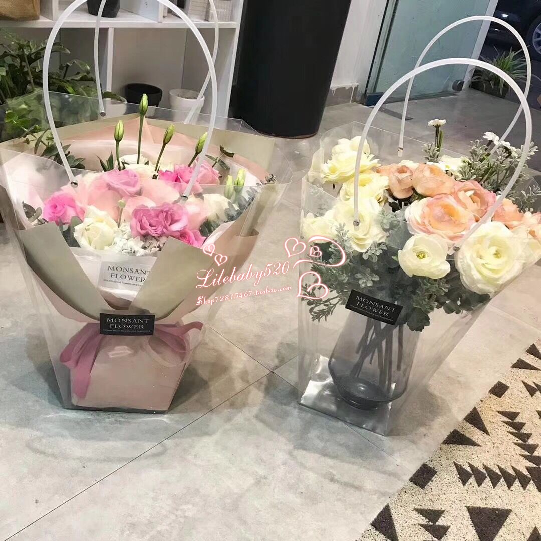 全透明鲜花手提袋 礼品袋 花袋塑料梯形多肉盆栽玫瑰花袋长柄提袋