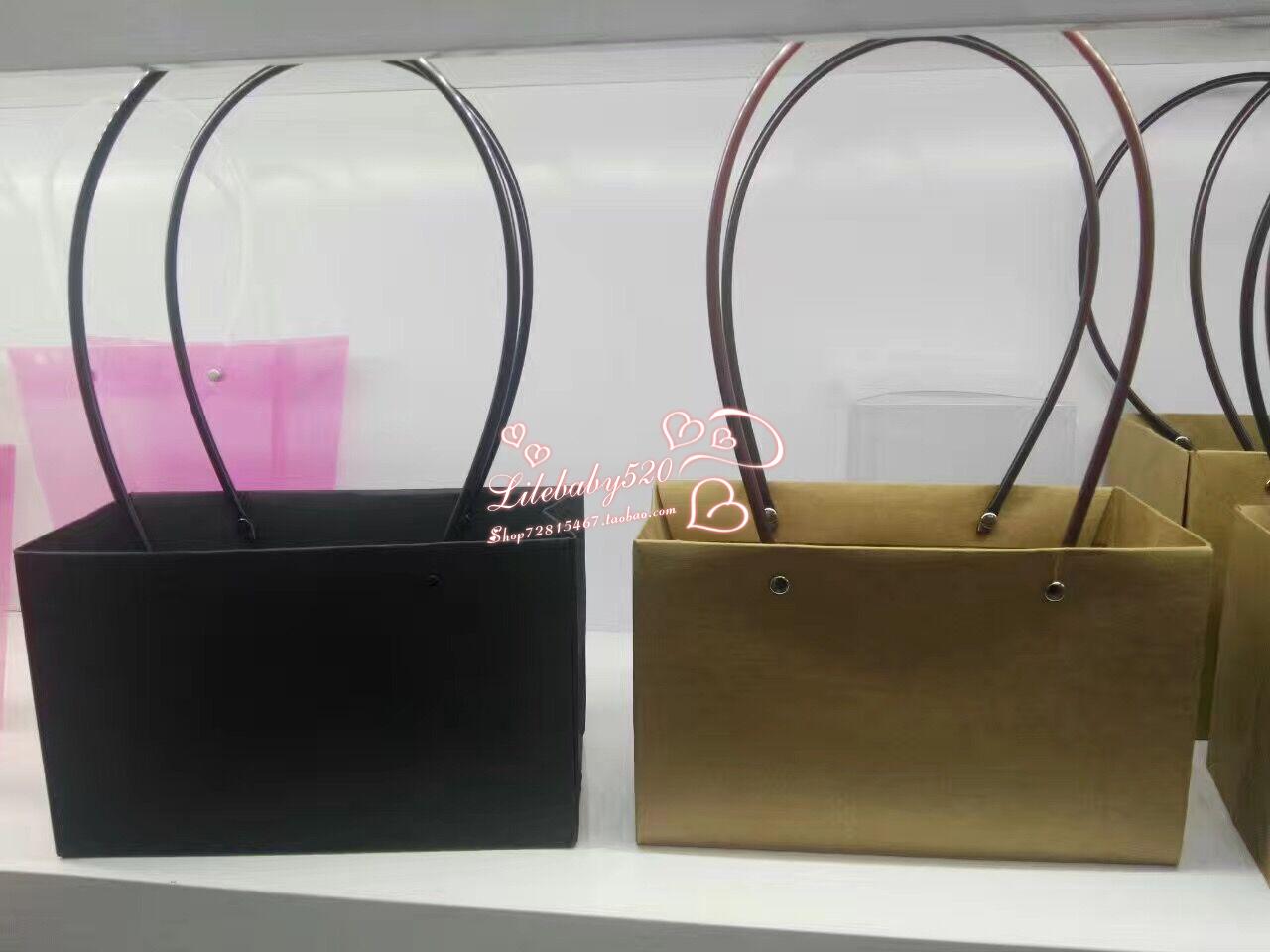 新款牛皮纸长方形皮管手提鲜花袋 防水多肉植物手提袋 鲜花店专用