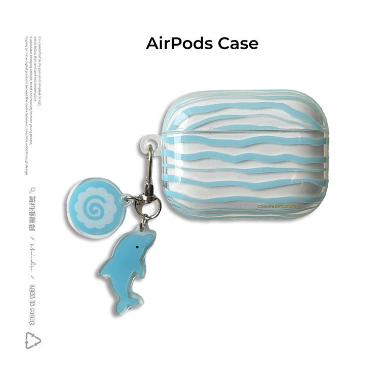 简约派适用半透蓝色条纹海豚airpods4保护套airpod3苹果pro2耳机壳二代无线蓝牙1第三代2代airpodpro四可爱女