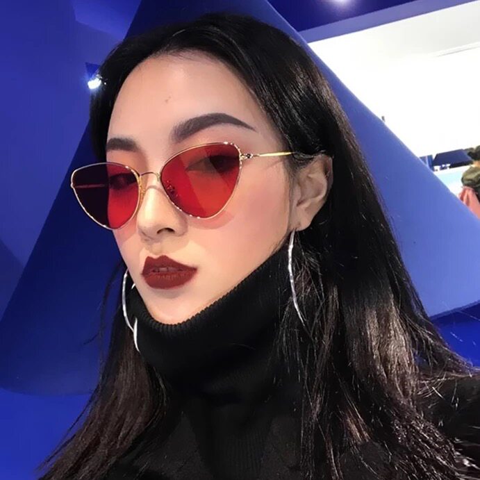 网红封帆同款复古金属太阳镜潮流嘻哈猫眼小三角形红色原宿墨镜女