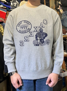 VINTGAE美式复古农场大叔密歇根横向编织重磅灰毛圈加绒套头卫衣