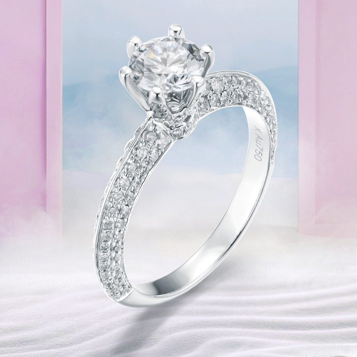 珂兰 白18k金钻石戒指经典六爪钻戒50分一克拉戒壁豪镶求婚戒指女