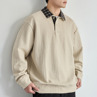 老钱风麦穗纹理Polo领卫衣男士拼接格子上衣2025新款宽松百搭外套
