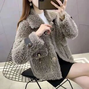 颗粒羊羔绒大衣女2025新款春秋短款宽松时尚休闲保暖皮毛一体外套