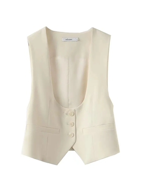 2024春夏新款U领短款西装背心马夹女款上衣无袖叠穿坎肩马甲外套