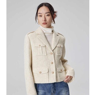 夹克气质毛呢外套女乳白色粗花呢西装领短款工装廓形小香风外套潮