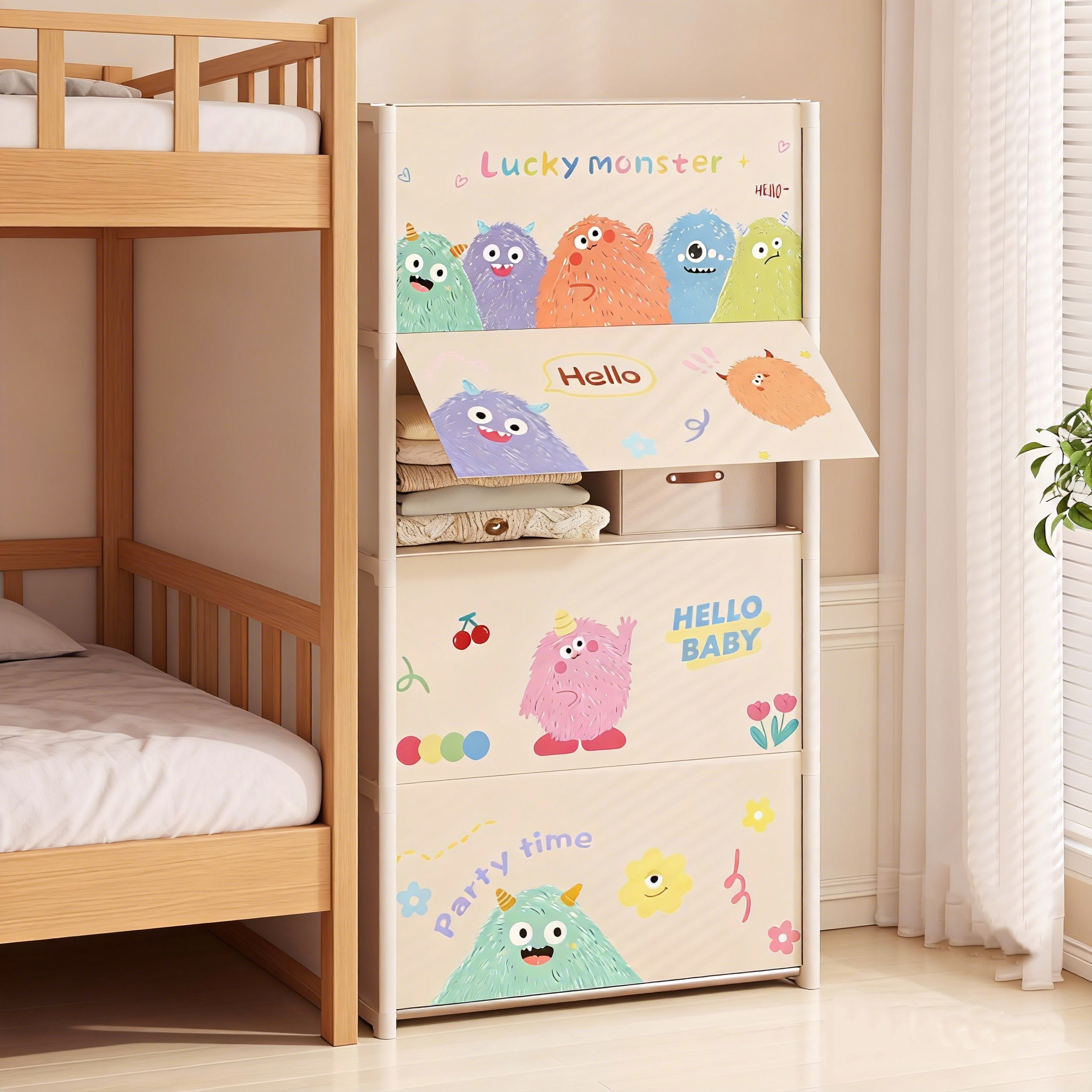 收纳柜防尘多层落地室内好看卡通衣服置物架大学生宿舍床边架子